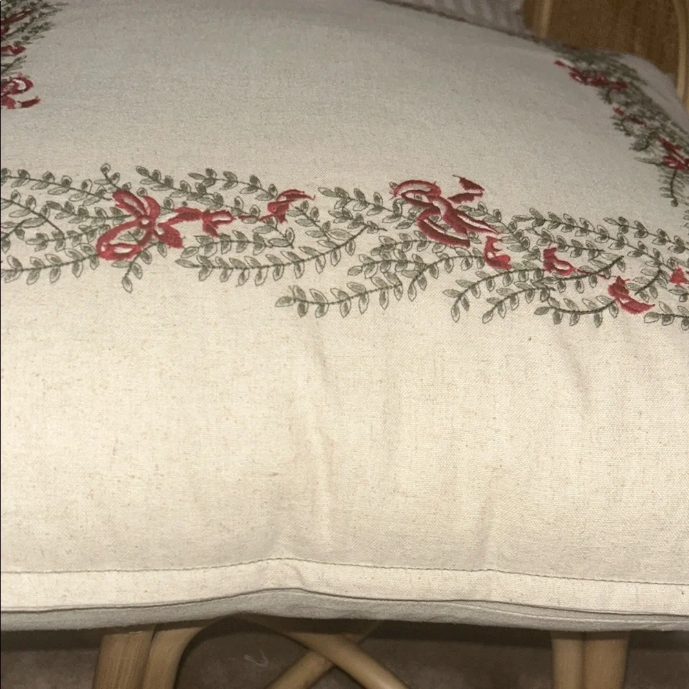Studio McGee 24” x 24” Green Embroidery with Red Bows Linen Blend Pillow